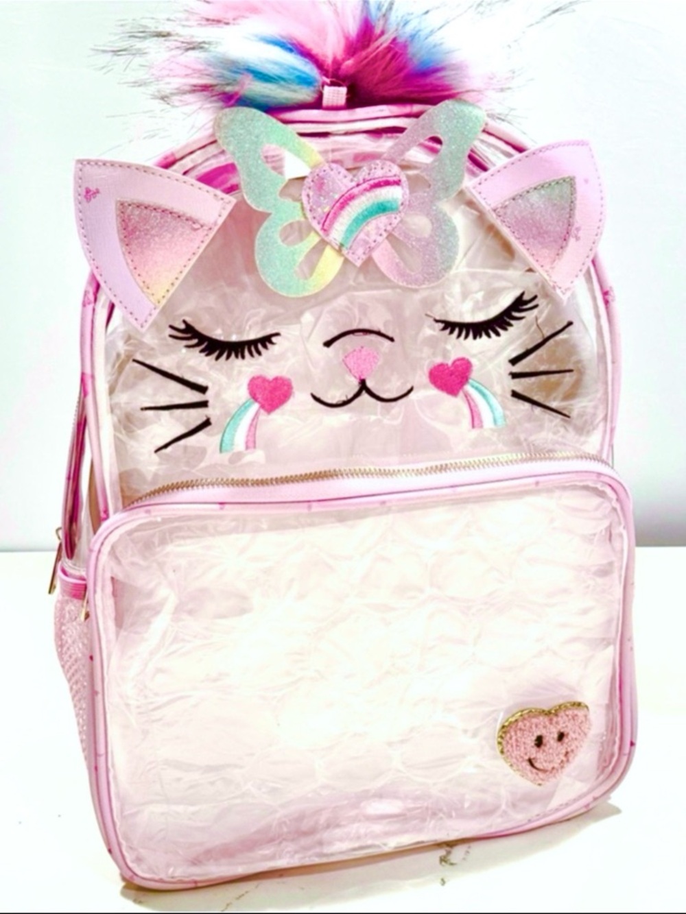 Under One Sky Pink Cat Clear Backpack Rainbow Pom Pom, Glitter, Hearts NWT